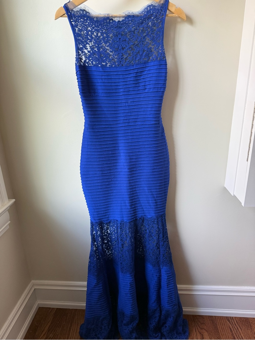 TADASCHI SHOJI Pintuck‎ Illusion Maxi Dress Gown Lace Mermaid Ethereal Royal S
